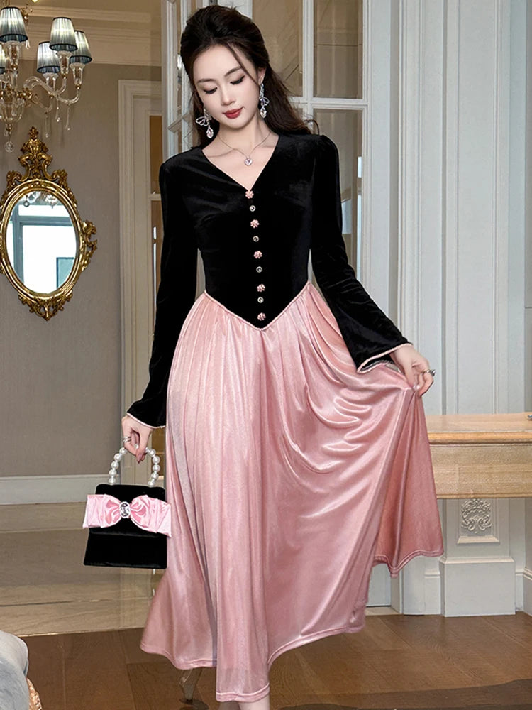Satin Skirt Formal Dress Skirt And Blouse Velvet Black Top With Pink Satin  Skirt