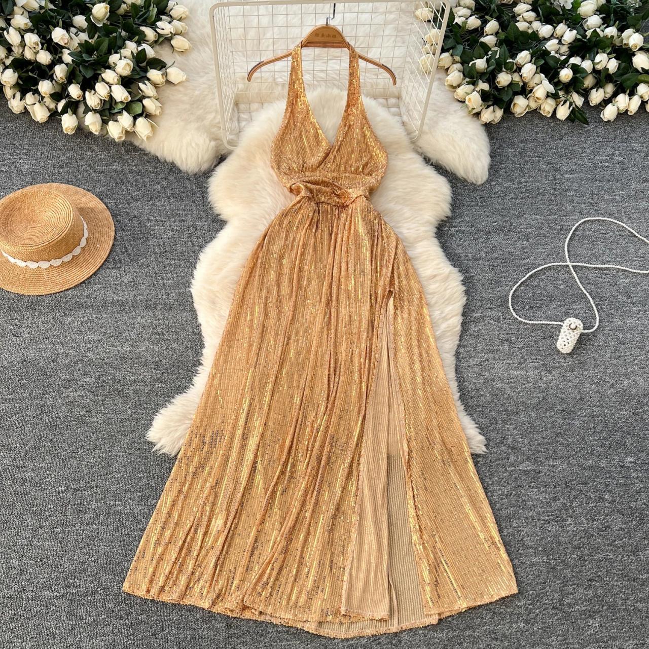 Sparkling Gold Halter Maxi Dress With Pleats on Luulla