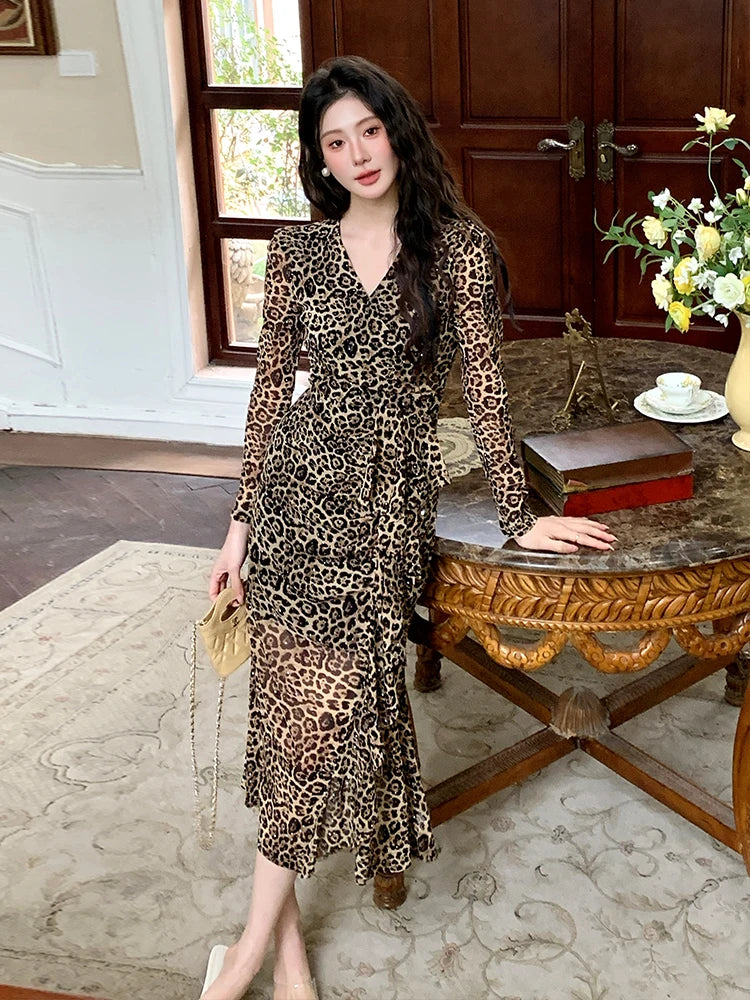 Stylish Long-sleeve Leopard Print Wrap Dress on Luulla