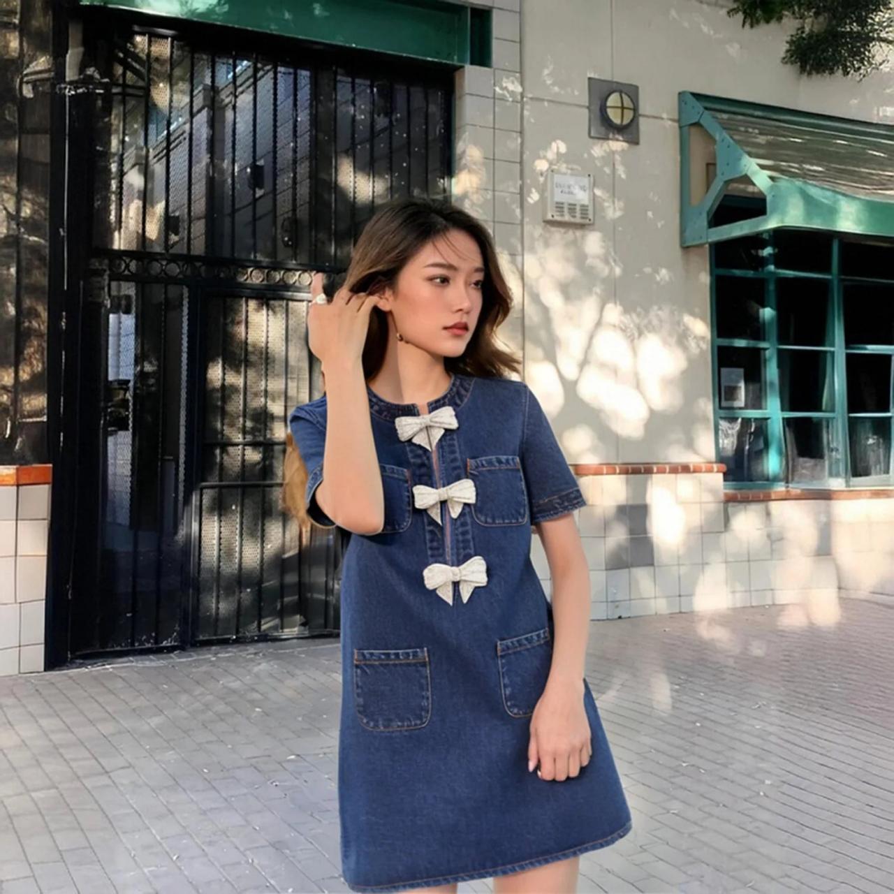 bowknot denim dress FLORENTINO_LEB | OUT OF STOCK Price 290,000 l.l. Fashion bowknot puff  sleeve denim women's dress For more info's and orders contact us on  76-637056