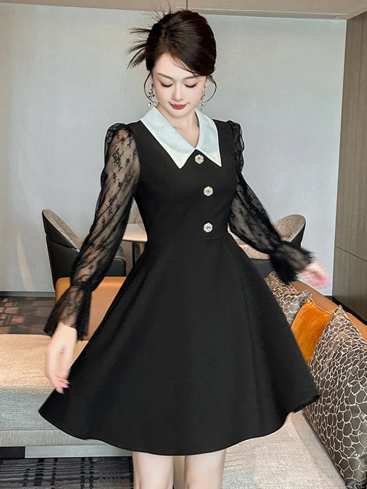 Black Lace Sleeve Dress With White Collar