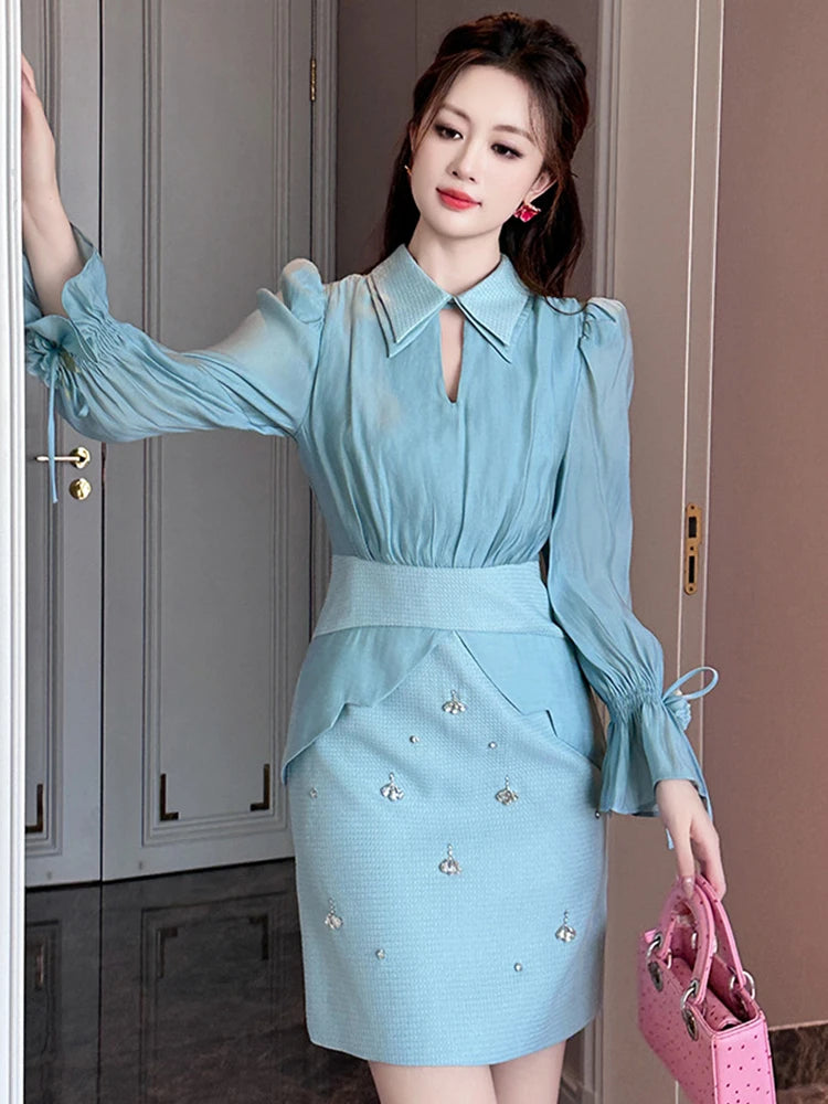 Women's French Style Blue Dress Female Lovely Diamonds Hollow Cut Out Long  Sleeve Short Gown Femme P on Luulla