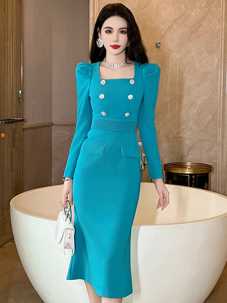 blue business professional dress Elegant Business Dress Suit, L / Dark blue / Dress main image 1