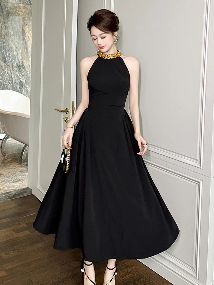 Black Halter Maxi Dress With Beaded Neckline