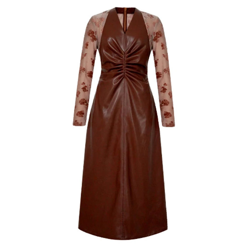 leather dress with lace sleeves Bebe Women's Faux Leather Lace Illusion Midi Dress