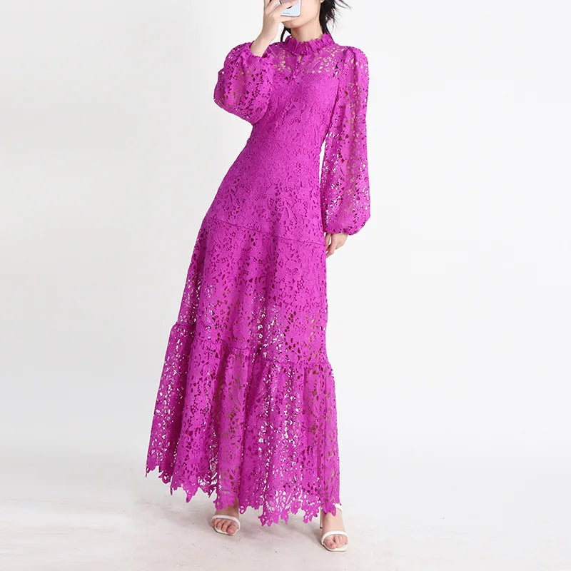 Womens Long Purple Lace Dress With Sleeves