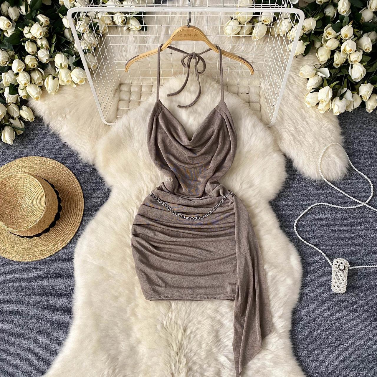 Halter Neck Draped Mini Dress With Chain on Luulla