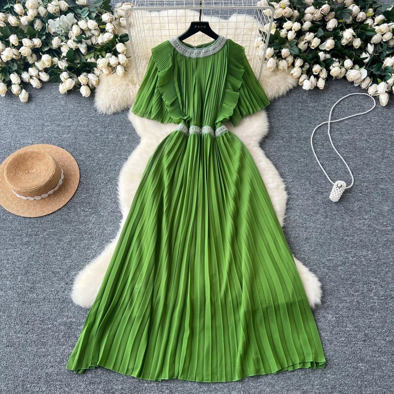 belted pleated maxi dress Full Pleated Belted Maxi Dress in Dark Green Green S-M