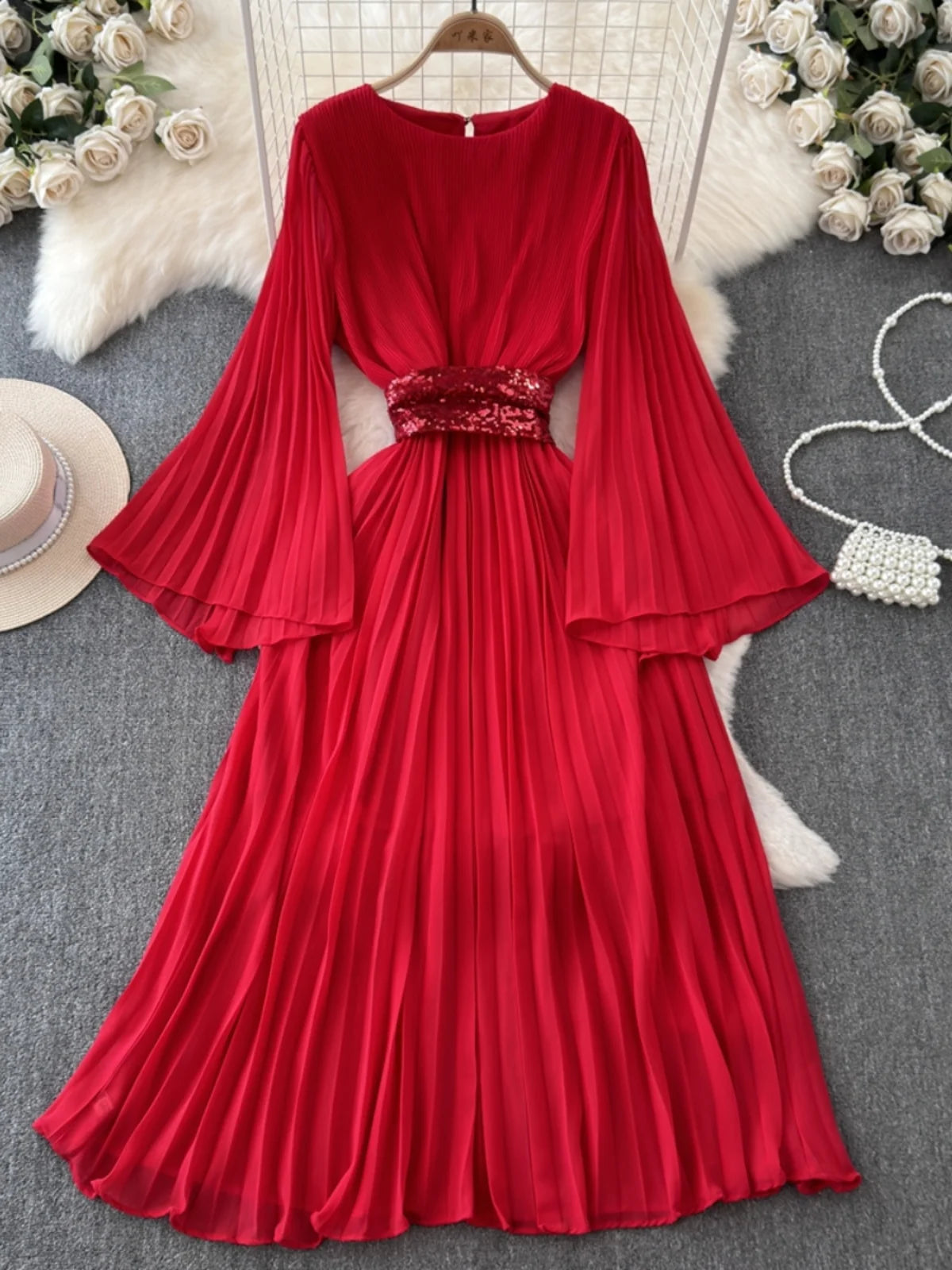 Red Pleated Maxi Dress With Flare Sleeves on Luulla