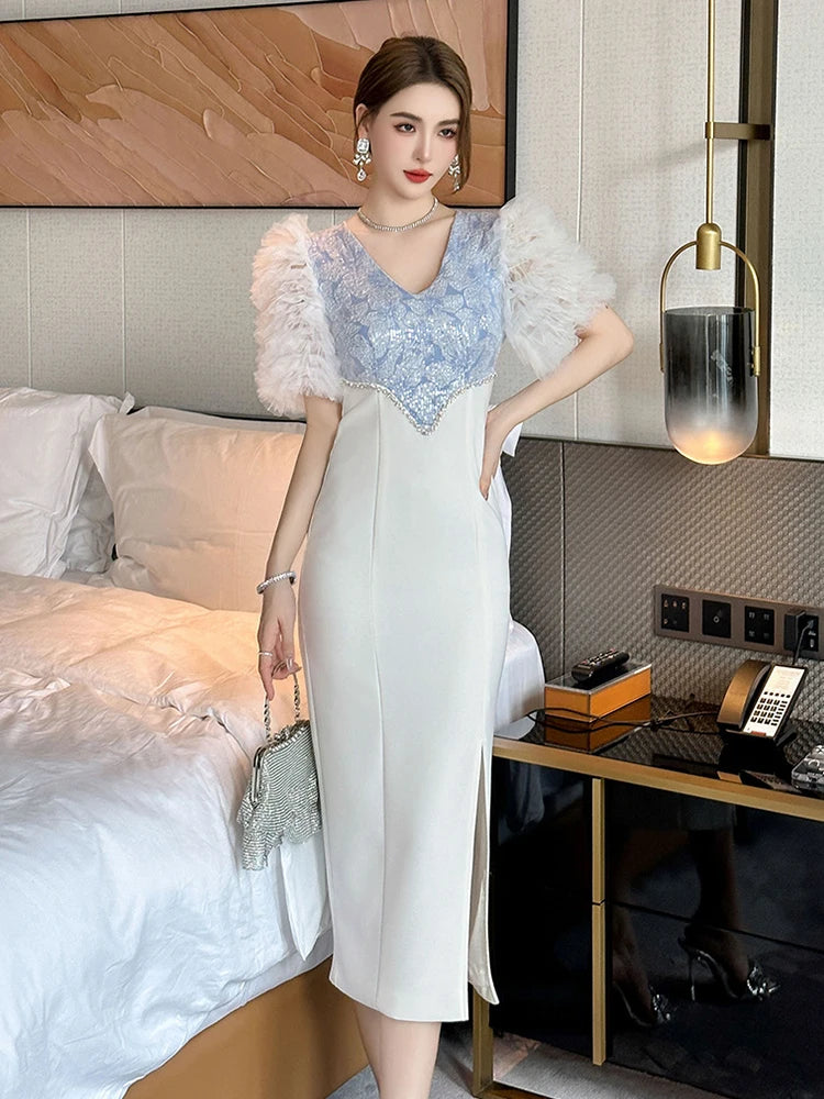 Summer Fashion Sweet Evening Runway Dress Women Clothes Mujer Elegant Luxury V-neck Slim Midi Party Birthday Gown Vestidos