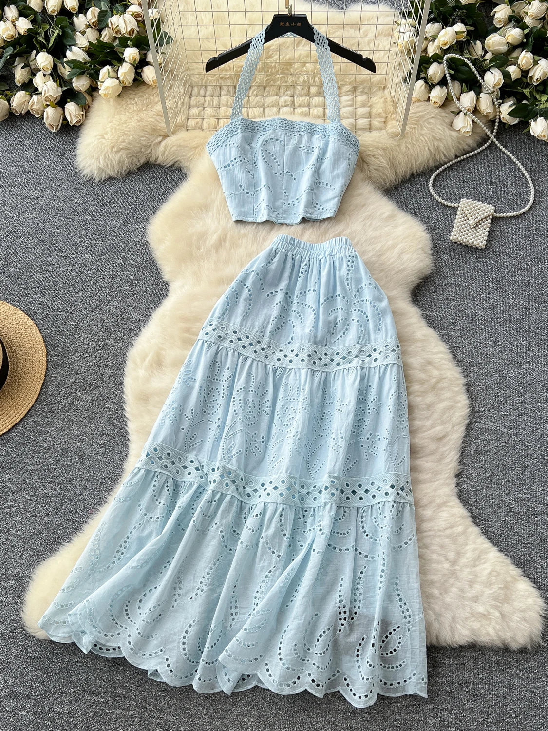 Halter Lace Embroidered Two-piece Maxi Dress on Luulla