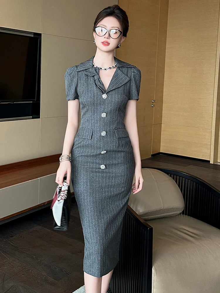 Womens Fitted Pinstripe Blazer Dress with Buttons
