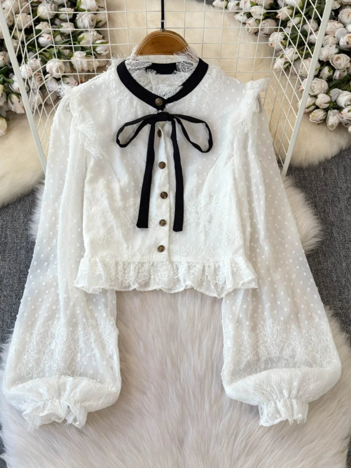 Lace Trim Puff Sleeve Blouse With Bow on Luulla