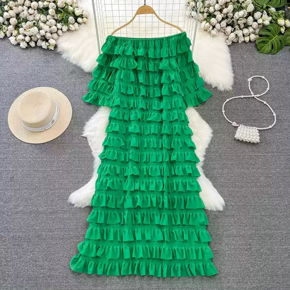 Off-shoulder Green Ruffle Maxi Dress Chic Fashion on Luulla