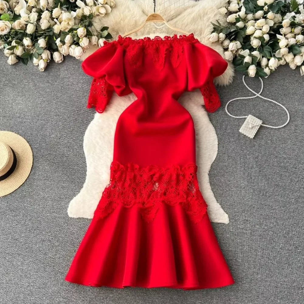 Off-shoulder Red Lace Ruffle Evening Dress