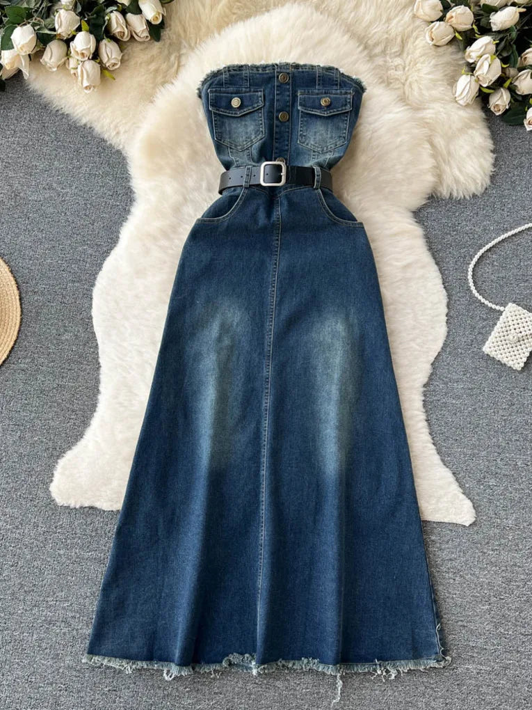 Denim Sleeveless Maxi Dress With Belted Waist