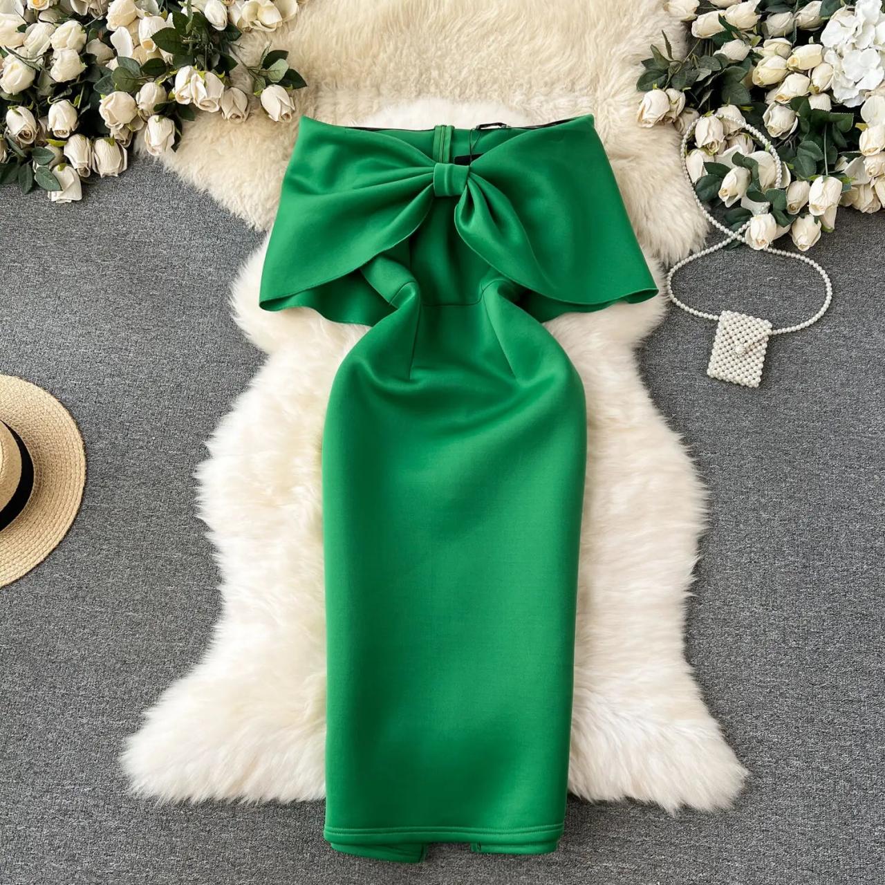 Strapless Green Dress With Bow Accent Design on Luulla