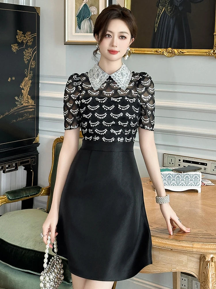 chinese dress ladies Cora Contrast Lace Flounce Sleeve Velvet Dress-Black, Black / S main image 1