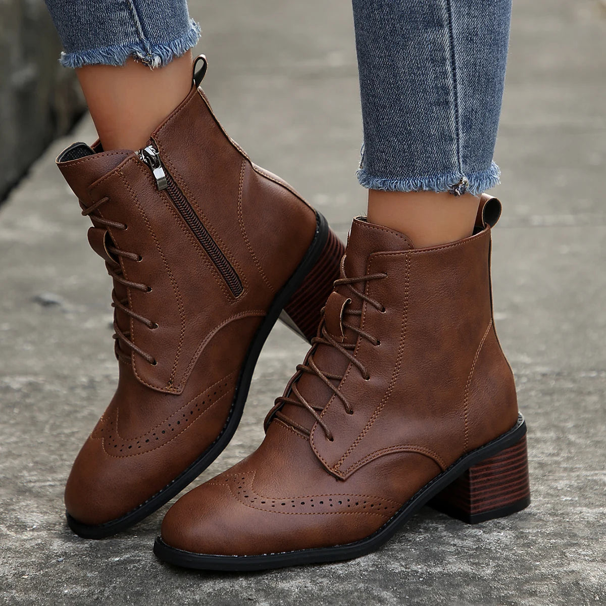 Lace-up Brown Ankle Boots With Side Zipper on Luulla