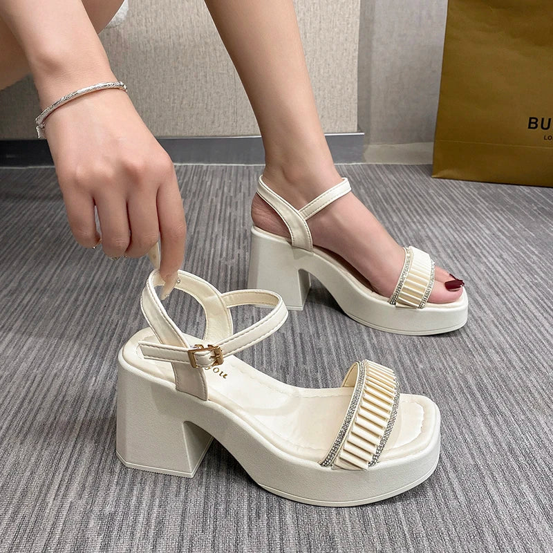 Chic White Block Heel Strappy Sandals With on Luulla Women\'s  Strappy Slip On High Heels Sandals White Color main image 0