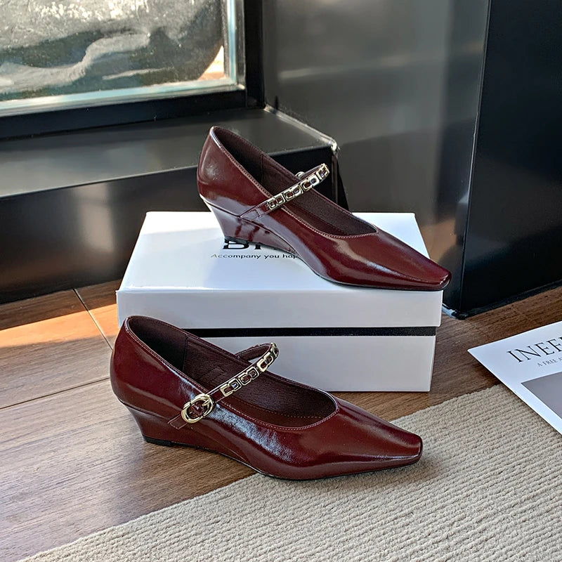 Vintage Burgundy Low Heel Buckle Strap Shoes