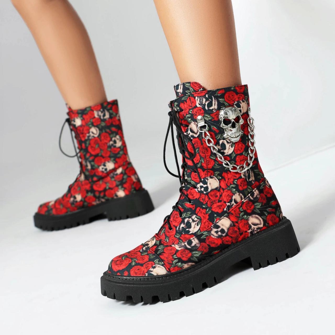 Skull Rose Print Combat Boots With Chains
