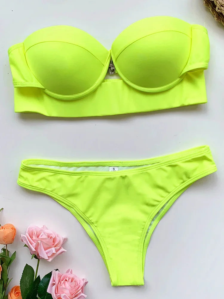 Neon Yellow Strapless Bikini Swimwear With Padding on Luulla