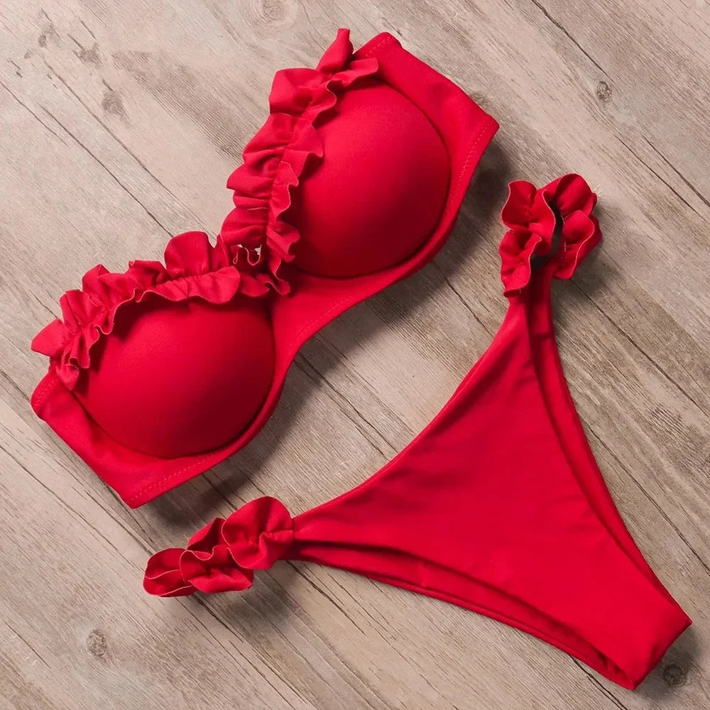 Red Ruffled Bikini With Supportive Padded Top