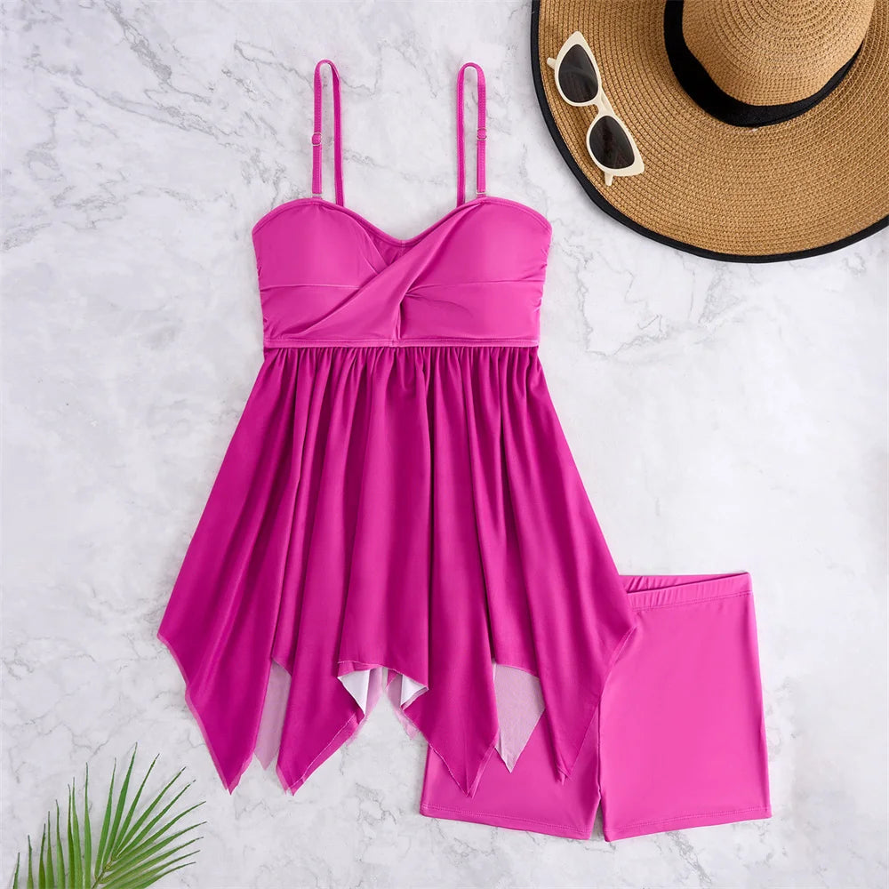 Vibrant Pink Asymmetrical Hem Tankini With Skirt