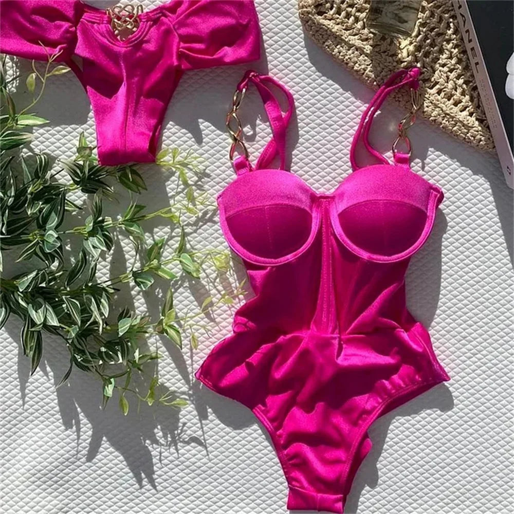 2025 Sexy Swimwear Push Up One Piece Swimsuit Floral Print Swimwear Women Ruffle Solid Swimsuit Deep-v Bathing Suit Beachwear