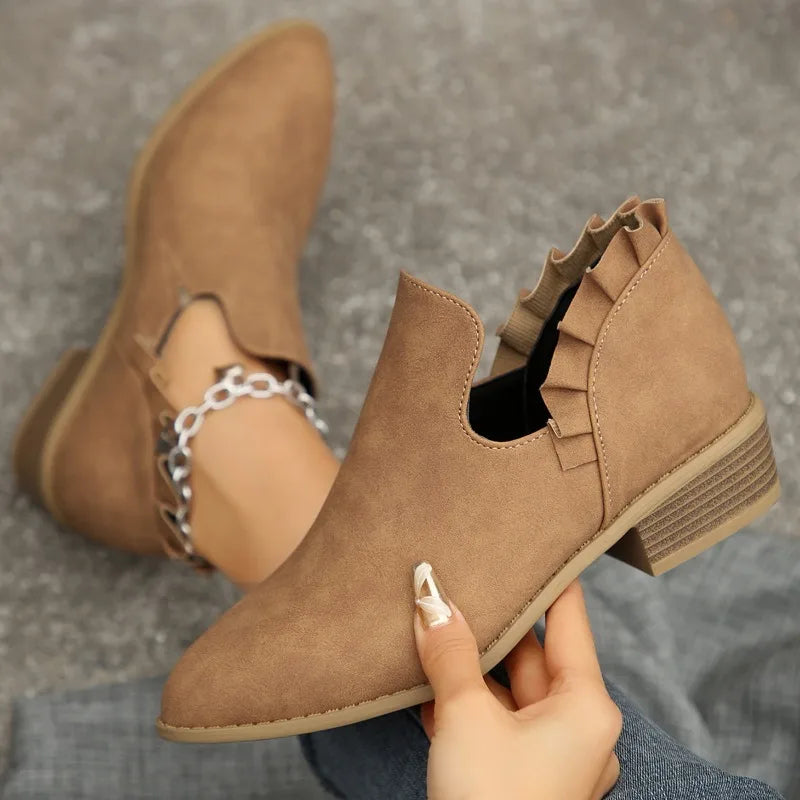 Womens Brown Ruffled Suede Low Heel Booties