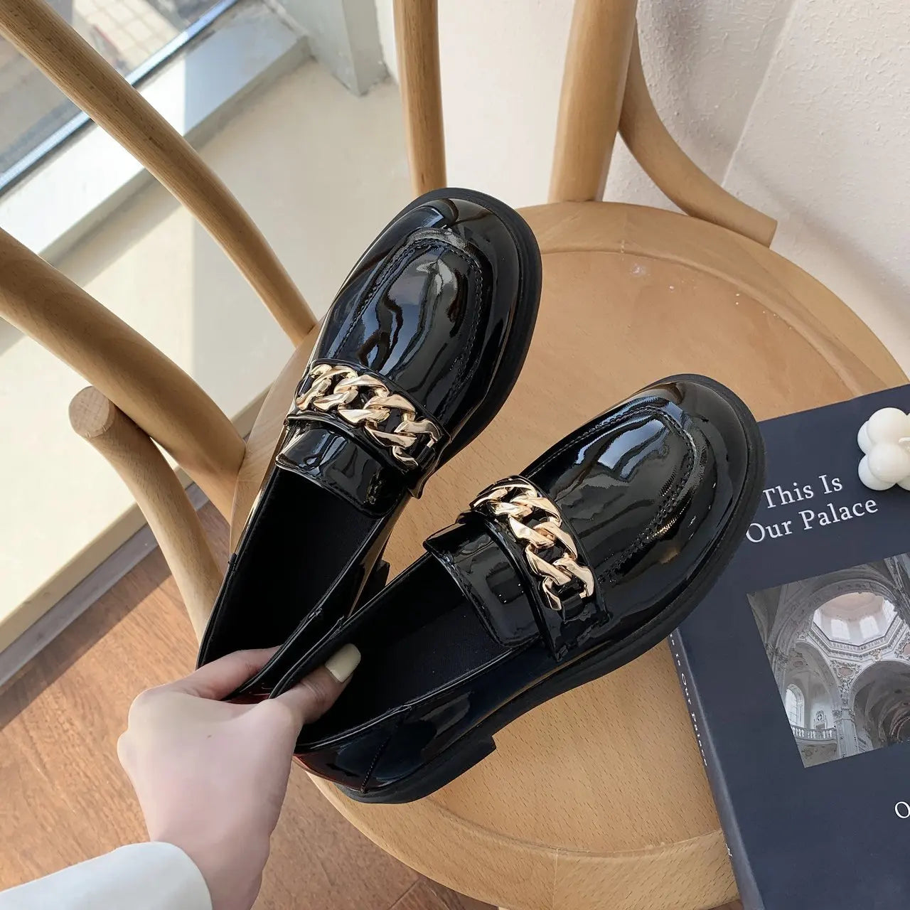 Glossy Black Loafers With Gold Chain Accent on Luulla display picture 1