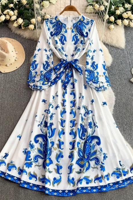 Blue-white Floral Long Sleeve Maxi Dress on Luulla