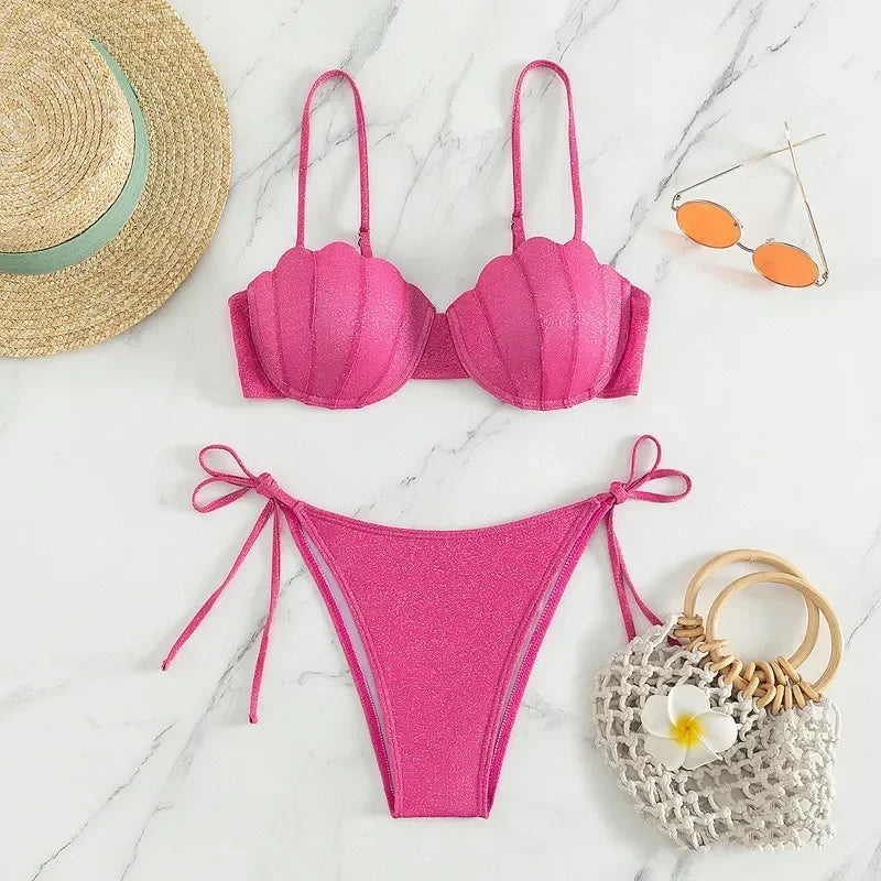 Pink Shell Design Padded Bikini With Tie Strings on Luulla
